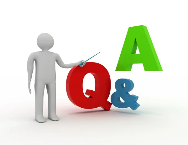 3d man standing and presenting Q and A word questions and answer — Stock Photo, Image