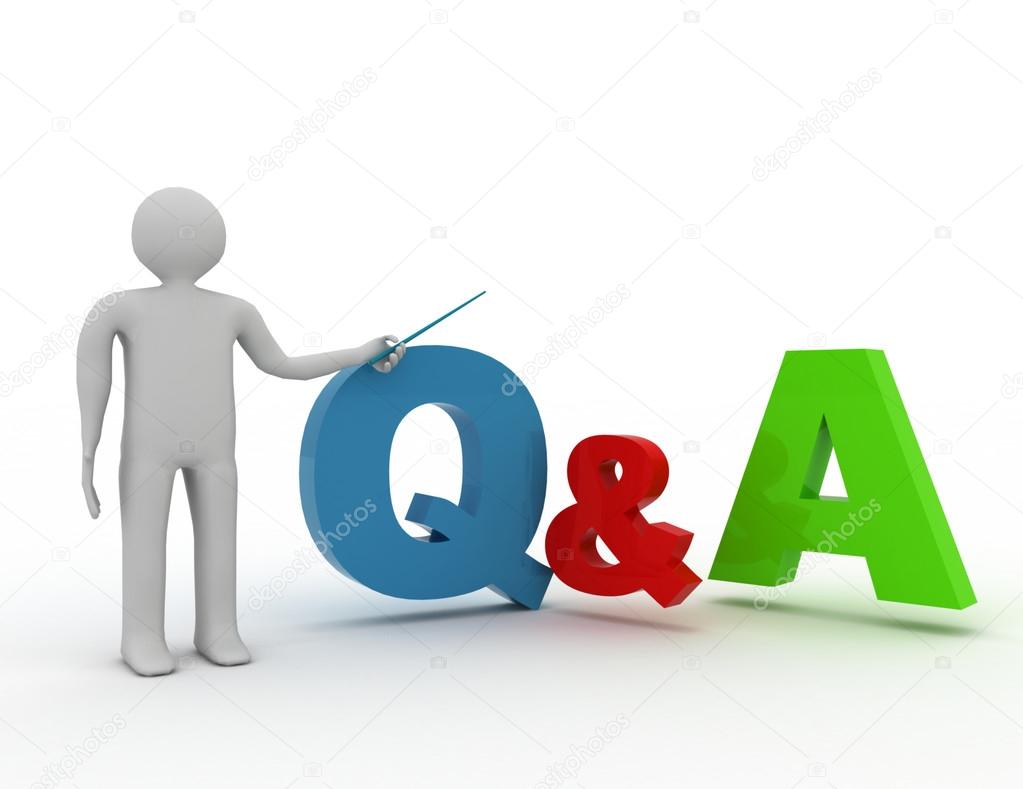 3d man standing and presenting Q and A word questions and answer