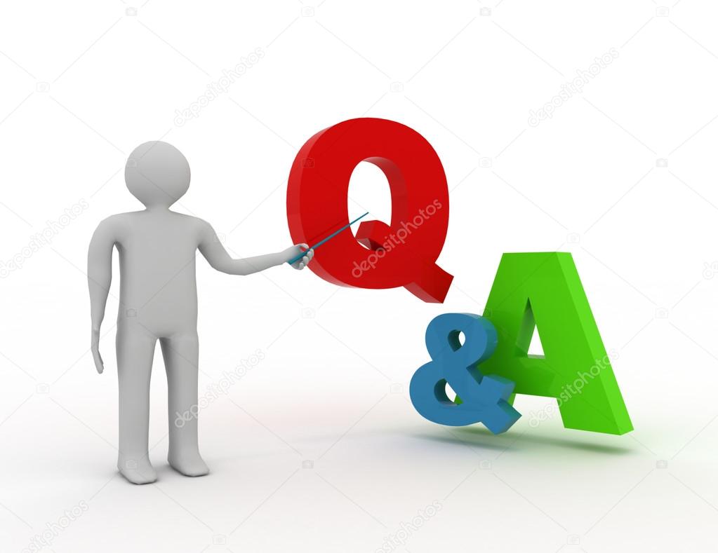 3d man standing and presenting Q and A word questions and answer