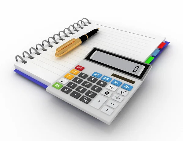 Office Jegyzettömb, toll és számológép — Stock Fotó