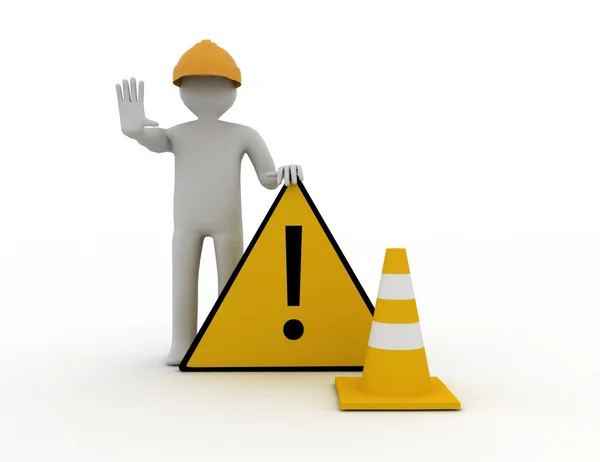 3d worker with traffic coins and warning sign — Stock Photo, Image