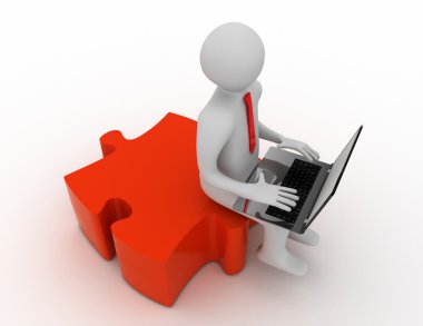 3D adam bir dizüstü bilgisayar ve bulmacanın parçaları.