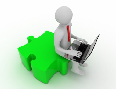 3D adam bir dizüstü bilgisayar ve bulmacanın parçaları.