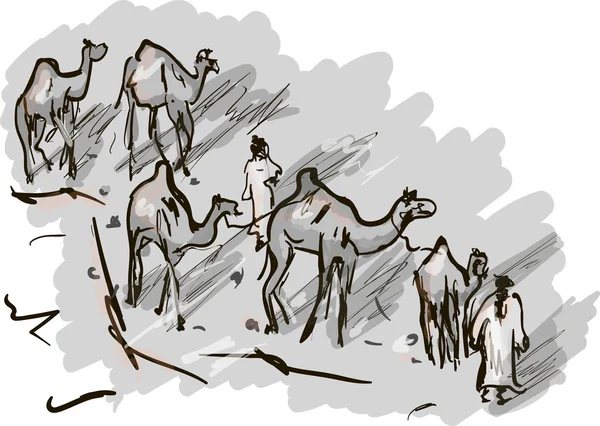 Camellos en el desierto — Vector de stock