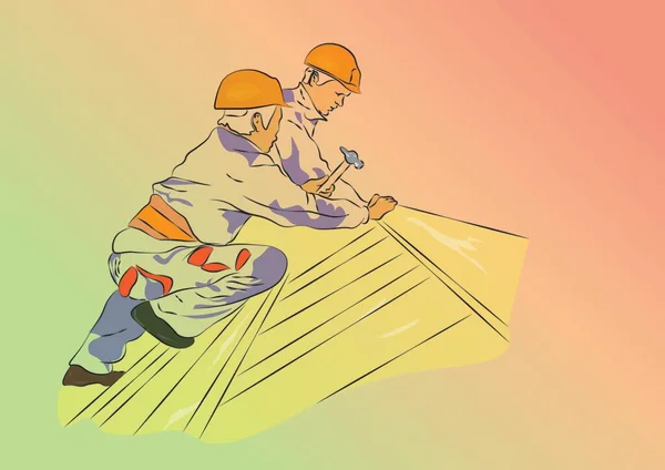 Arbeiter Auf Dem Dach Bei Sonnigem Tag — Stockvektor