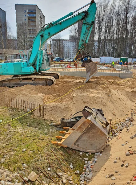 Escavadeira Trabalho Canteiro Obras — Fotografia de Stock