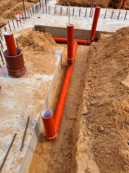 Tubos Plástico Para Esgotos Canteiro Obras — Fotografia de Stock