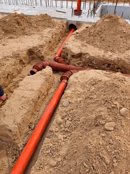 Tubos Plástico Para Esgotos Canteiro Obras — Fotografia de Stock