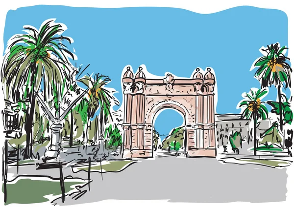 Barcelona Arco Árboles Ciudad — Vector de stock