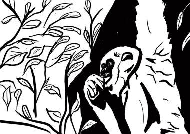 Ağaçların arkasındaki goril. Siyah beyaz illüstrasyon.