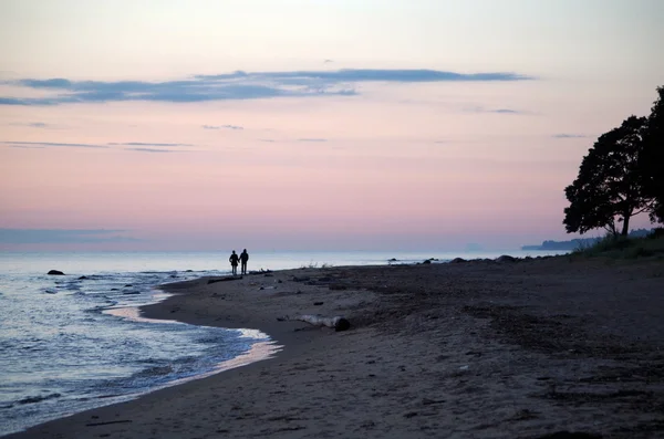 Vista Posteriore Una Coppia Che Cammina Sulla Spiaggia Tenendosi Mano — Foto Stock