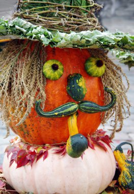 Erkek yüzü boru ve yakın plan balkabağından yapılmış bıyıklarla