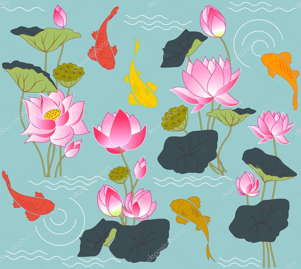Koi De Poissons Et Fleur De Lotus Style Chinois Dimpression