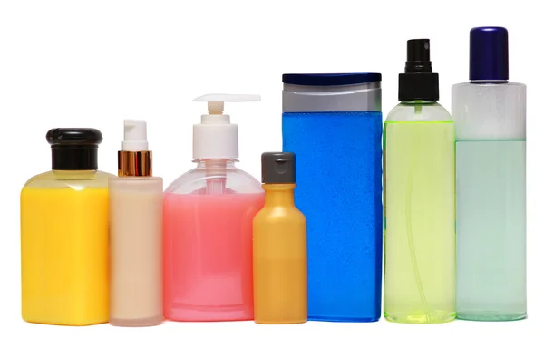 Gesloten cosmetische of hygiënische plastic fles van gel, lotion, crème, vloeibare zeep, shampoo. geïsoleerd op witte achtergrond. — Stockfoto