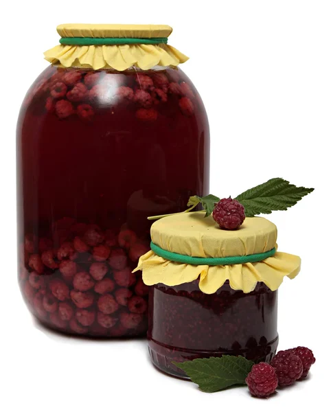 Glass jar of stewed fruit, jam and fresh raspberries. Shot in Studio isolated white background. — Stock Photo, Image