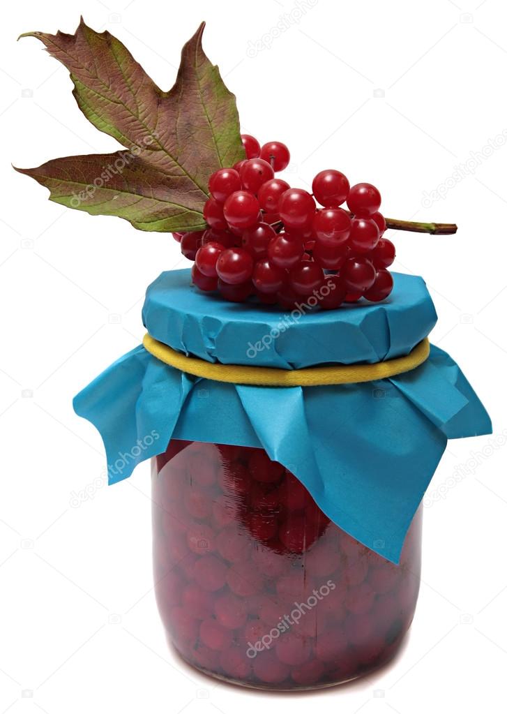 Jam and viburnum berries isolated on white background.