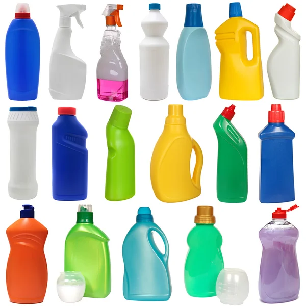 Cleaning equipment .18 colored plastic bottles with Detergent isolated on white background . — Stock Photo, Image