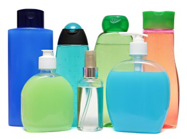 renkli plastik şişe sıvı sabun ve duş jeli.