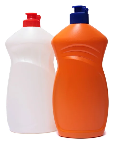 Czyszczenie sprzętu .colored plastikowych butelek Detergent na białym tle . — Zdjęcie stockowe