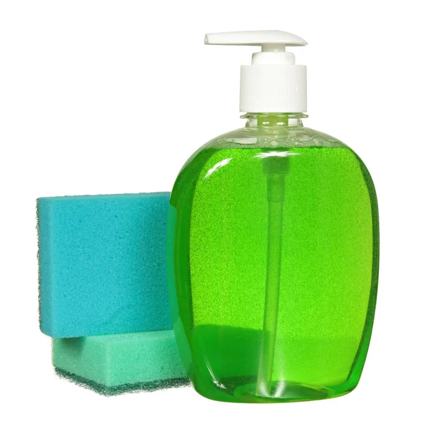 Reinigungsgeräte. Farbige Plastikflaschen mit Waschmittel isoliert auf weißem Hintergrund . — Stockfoto