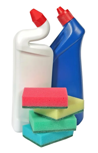 Equipamentos de limpeza. Garrafas plásticas coloridas com detergente isolado no fundo branco  . — Fotografia de Stock