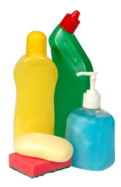 Čištění zařízení .colored plastových lahví s detergentem izolovaných na bílém pozadí . — Stock fotografie