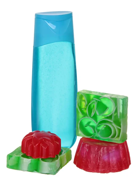 Geschlossene kosmetische oder hygienische blaue Plastikflasche mit Gel, Flüssigseife, Lotion, Creme, Shampoo. isolierter weißer Hintergrund. — Stockfoto