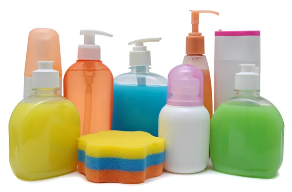 Garrafa plástica cosmética ou de higiene fechada do gel, sabão líquido, loção, creme, xampu. Isolado em fundo branco . — Fotografia de Stock