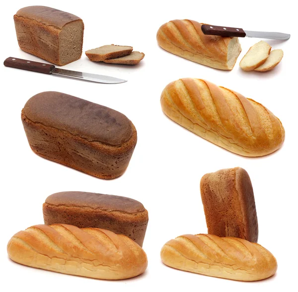 Set van foto's van vers brood van rogge en tarwe brood. Schieten in Studio. geïsoleerd op witte achtergrond. — Stockfoto