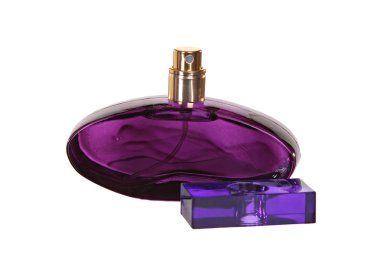 Beyaz arka plan üzerinde izole parfüm şişe cam. Fotoğraf stüdyosu.