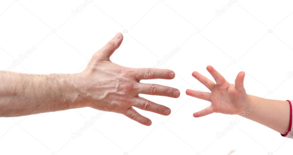 mans hand and   hand baby isolated on white background. Various gestures and movements.