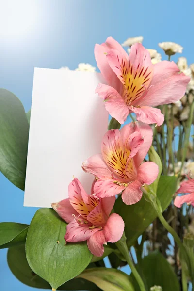 Beautiful bouquet of lilies,  card against  blue sky and sun. — Stock Photo, Image