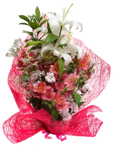 Bouquet of flowers in pink package isolated on a white — Stock Photo, Image