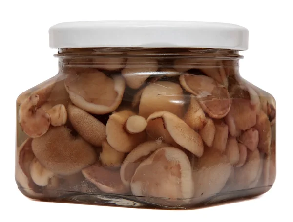 Funghi marinati in vaso di vetro isolato su fondo bianco. conserve alimentari . — Foto Stock