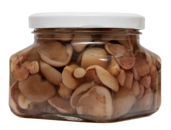 Marinated mushrooms in glass jar isolated on white background. canned food. — Stock Image Marinated mushrooms in glass jar isolated on white background. canned food. Stock Picture