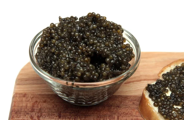 Caviar preto e vermelho em recipiente de vidro — Fotografia de Stock