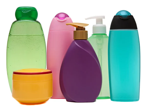 Gesloten cosmetische of hygiënische plastic fles van gel, lotion, crème, vloeibare zeep, shampoo. geïsoleerd op witte achtergrond. — Stockfoto