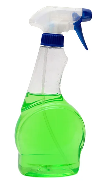 Equipos de limpieza. botellas de plástico de color con detergente aislado sobre fondo blanco  . — Foto de Stock