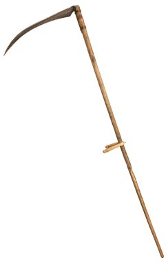 Old vintage scythe for grass isolated on white background. symbol of death.   clipart