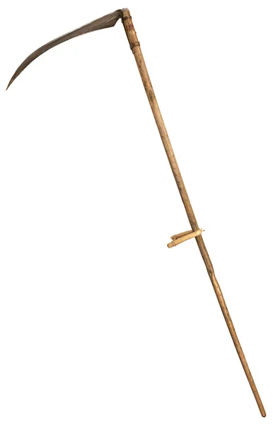 Oude vintage scythe voor grass geïsoleerd op een witte achtergrond. symbool van de dood. — Stockfoto