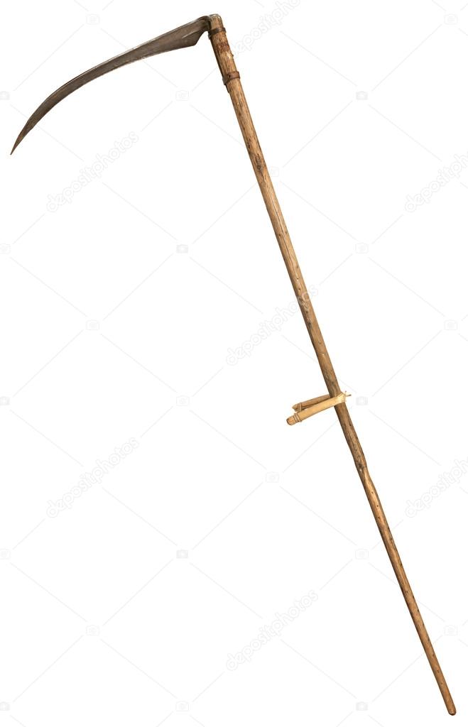 Old vintage scythe for grass isolated on white background. symbol of death.  
