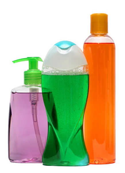 Frasco de plástico com champô ou produto cosmético higiénico, isolado sobre fundo branco — Fotografia de Stock