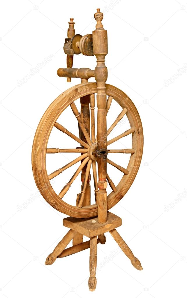  Old Wooden spinning Wheel isolated on white background.  
