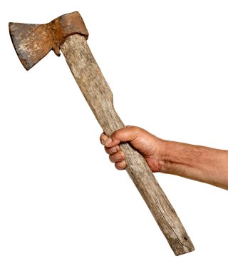 Hand holding small old rusty hatchet isolated on white background.  clipart