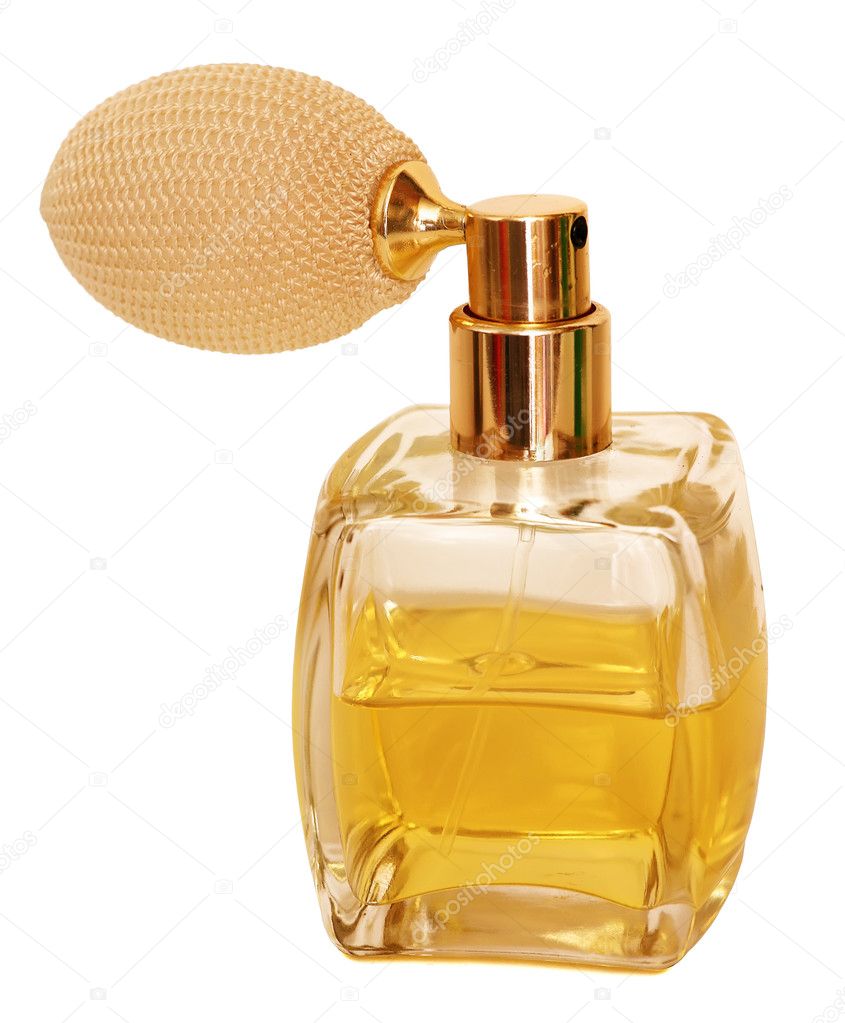 Photo  perfume spray bottle in shape of crown, isolated on white background.