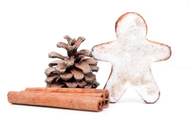 Zencefilli adam, kozalak ve tarçın çubukları beyaz arka planda izole edilmiş.