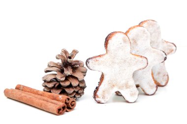 Zencefilli adam, kozalak ve tarçın çubukları beyaz arka planda izole edilmiş.