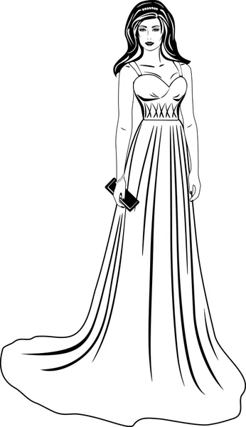 Schöne Frau in einem langen Kleid. schwarz-weiß — Stockvektor