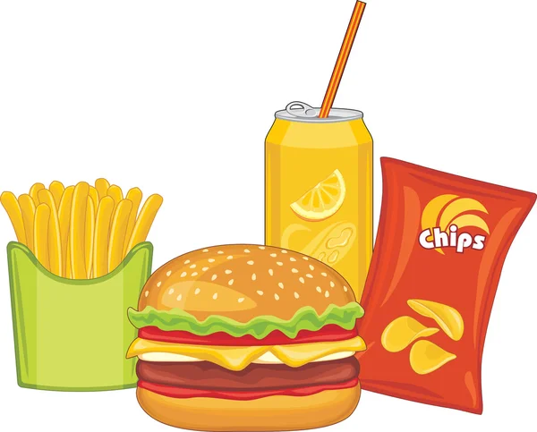 Comida rápida. Hamburguesa, bebida de naranja, papas fritas y papas fritas — Vector de stock