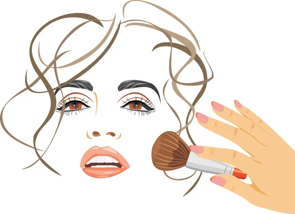 Makeup. Applying blush with a brush — Stock Vector